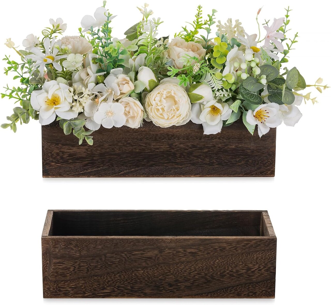 Wooden Box Centerpiece for Table: 2 Pcs 11.8" Long Wood Rectangle Planters - Farmhouse Flower Vase for Wedding Dining Living Room Window Mantel Table Decor